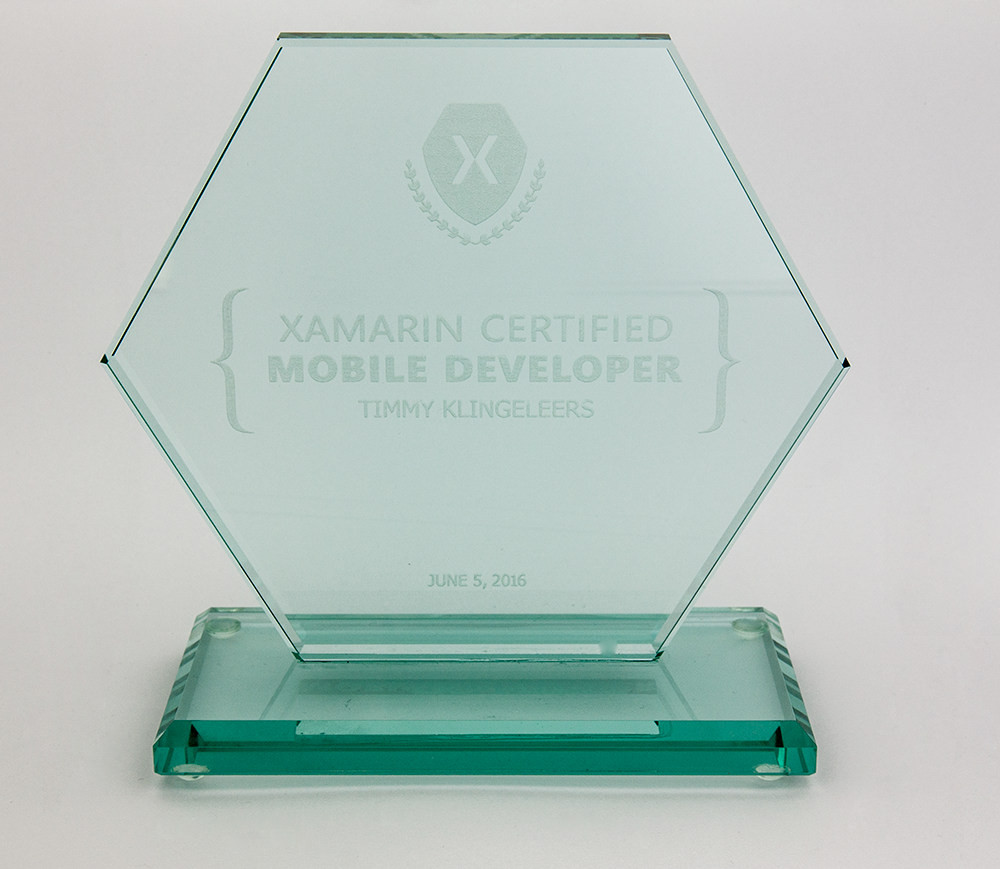 Xamarin Certified Mobile Developer trophy for Tim Klingeleers